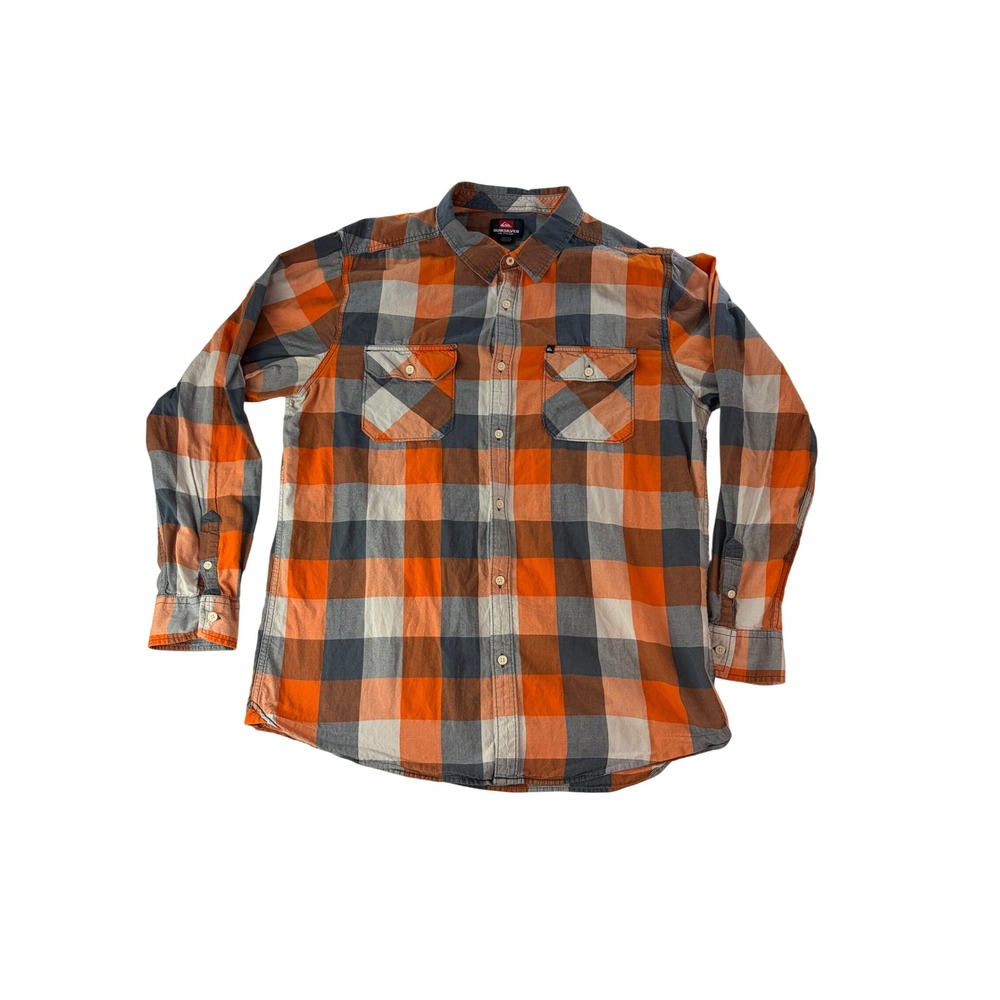 Quiksilver Shirt Mens XXL Button Up Plaid Long Sleeve Orange Gray Cotton Fall